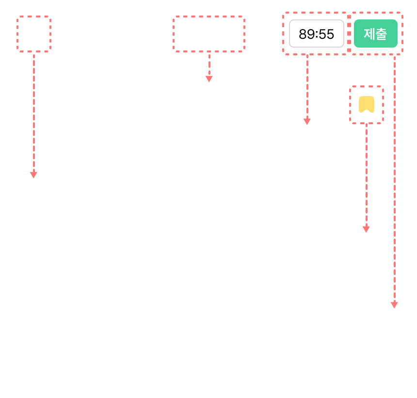코치마크.
					| 나가기 : 나가기를 통해 시험을 종료할 경우, 시험 내역과 응시 시간은 멈추게됩니다.
					| 문제이동 : 손쉽게 문제를 이동하세요.
					| 제한시간 : 시험과 같은 환경을 제공하는데 도움을 줍니다.
					| 제출 : 시험과 같은 환경을 제공하는데 도움을 줍니다.
					| 북마크 : 북마크를 설정하여 나만의 컨닝페이퍼를 만들어보세요.
				