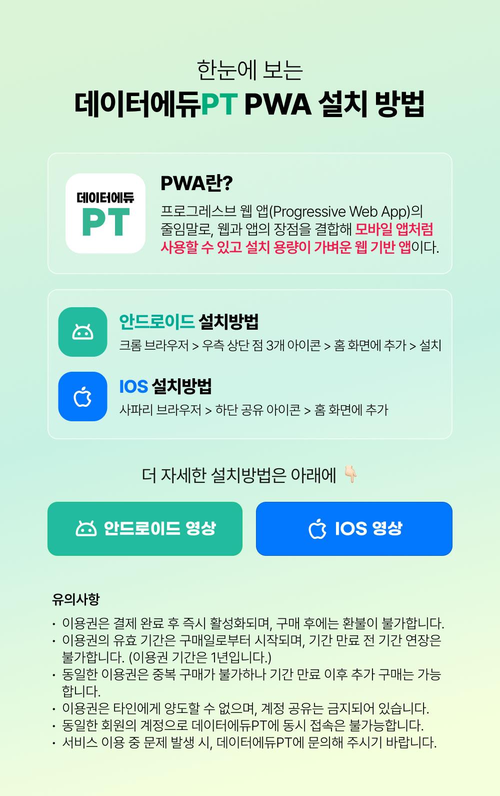 한눈에 보는 데이터에듀PT PWA 설치 방법 ~